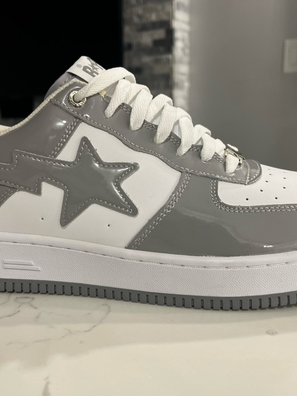 Bape Grey and White Patent Low-Top Sneakers